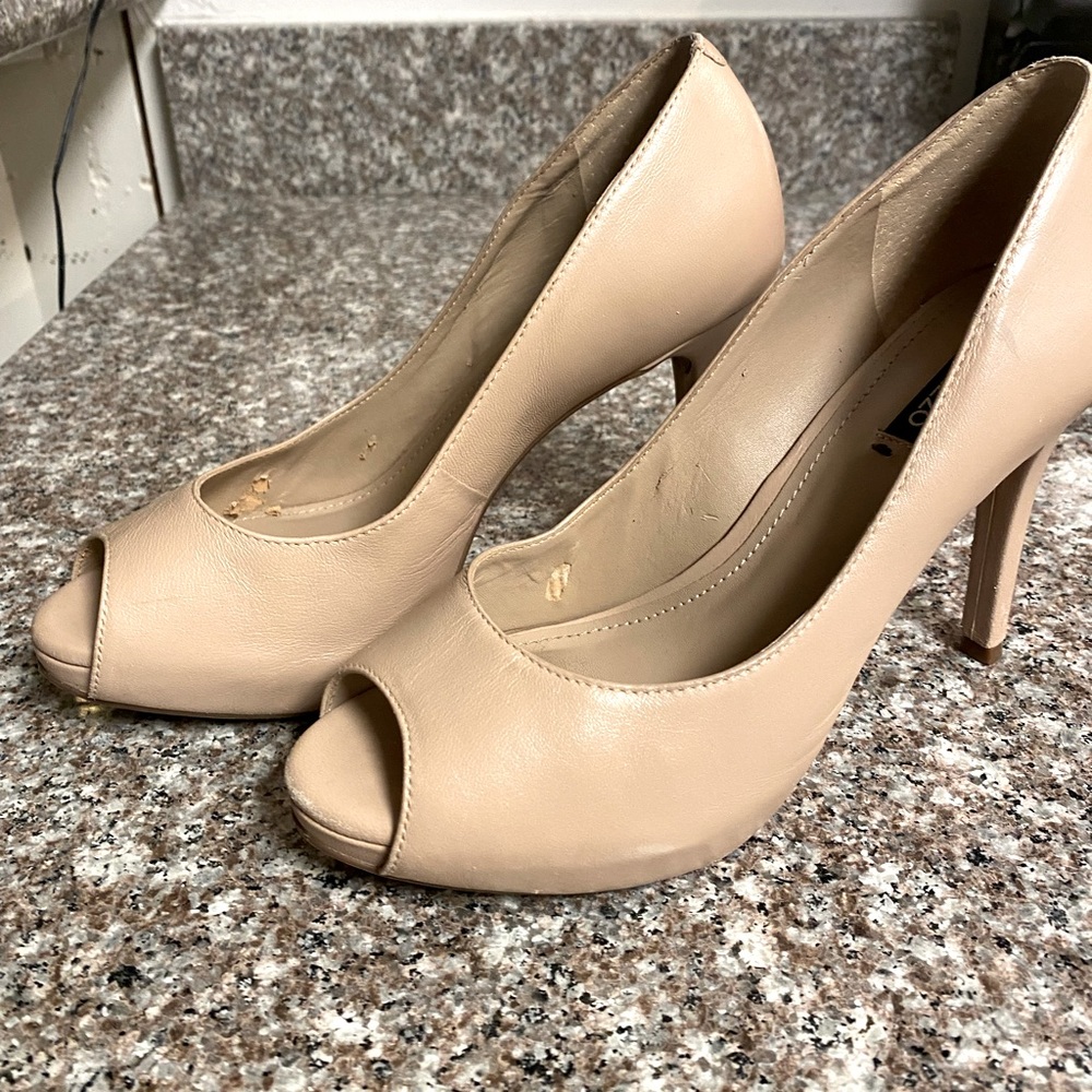 Brazilian leather nude peep toe stilettos